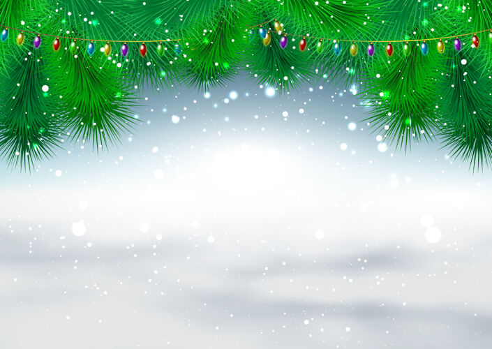 圣诞节圣诞背景是冷杉树枝和雪花松树背景灯光