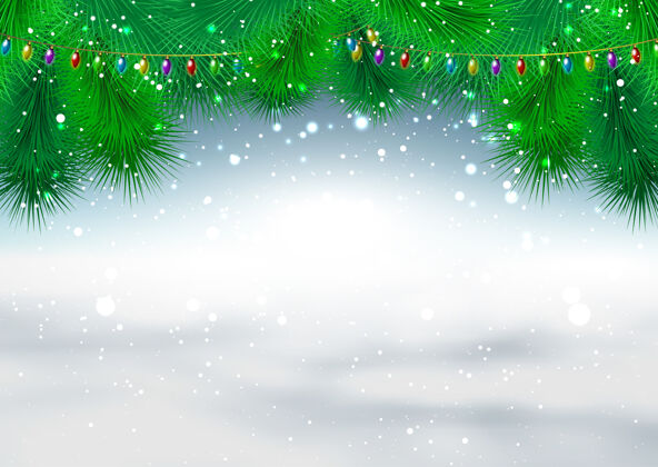 圣诞节圣诞背景是冷杉树枝和雪花松树背景灯光