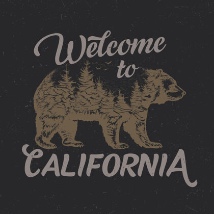 户外欢迎来到加州t恤设计与熊剪影插图图形旧山