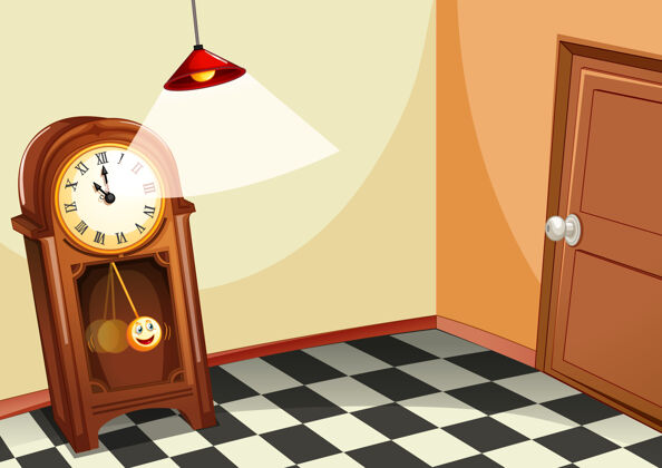 时钟房间里的老式木钟古董灯光夹子