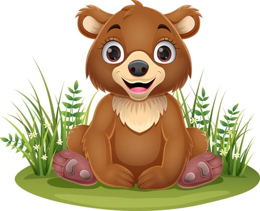 动物卡通小棕熊坐在草地上小小棕熊