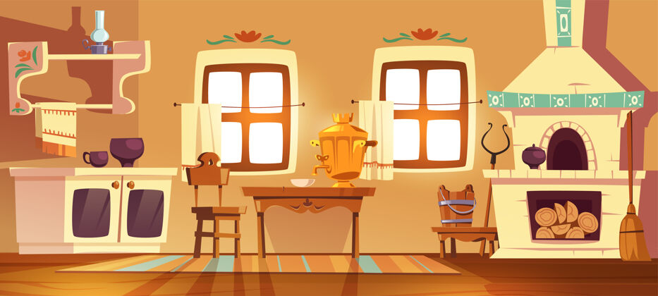 旧古老的农村俄罗斯厨房烤箱 萨莫瓦 桌子 椅子和把手矢量卡通传统的乌克兰古房子的内部与炉子 木制家具 扫帚和油灯地毯生活灯