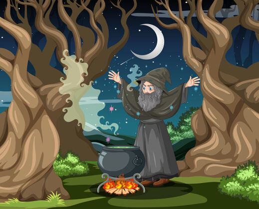 森林巫师黑魔壶卡通风格的黑暗森林背景魔术师户外黑暗