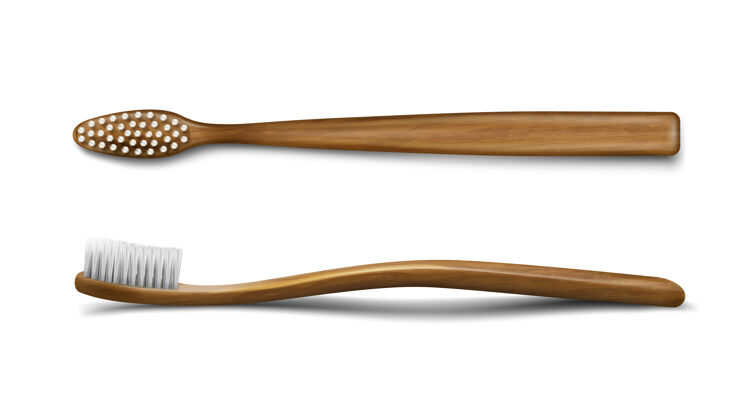 包装木制或竹子牙刷 牙科护理和口腔卫生口腔产品 木制洗漱用品模板 木制牙刷隔离逼真的三维矢量插图牙齿牙科生态