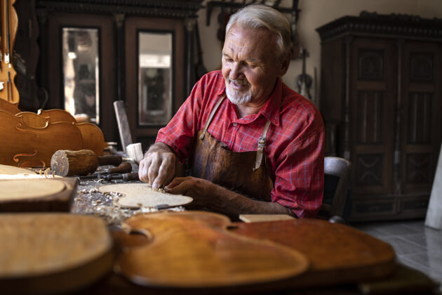 工艺一位经验丰富的白发苍苍的高级木匠在木工车间里做他的工作手工锯末雕刻