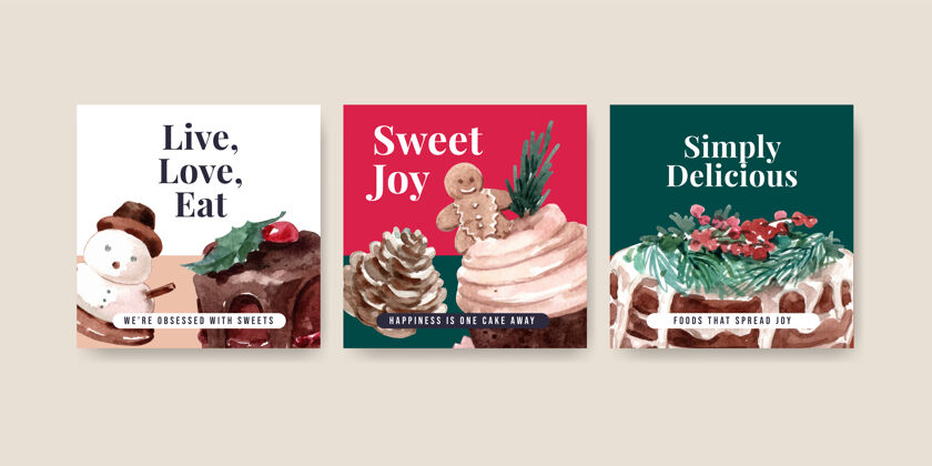 节日广告模板设置与冬季糖果在水彩画风格食物季节性文化