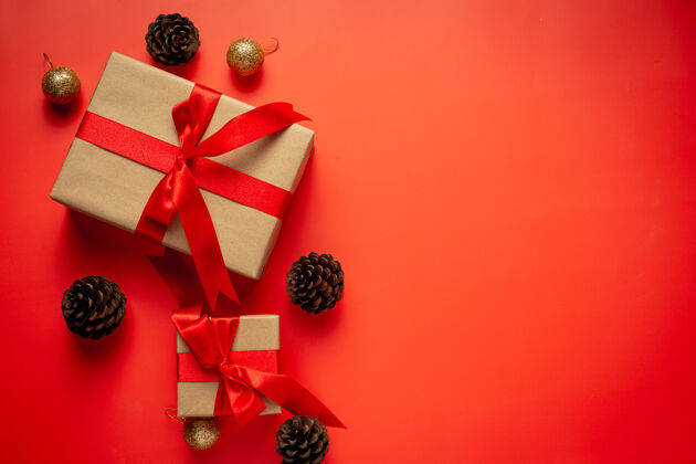 明亮红底红丝带蝴蝶结礼盒盒子圣诞包装