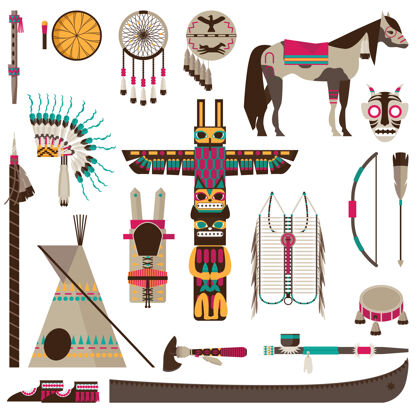 部落美国印第安标志和部落配件菲亚特图标集孤立本土弓传统