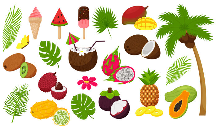 食物一套热带树叶和奇异的水果棕榈树椰子和冰淇淋 鸡尾酒异国情调热带夏天